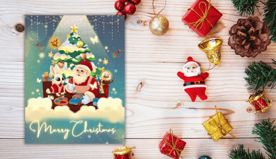 santa and rabbit crafting toys under christmas tree on wooden table card.