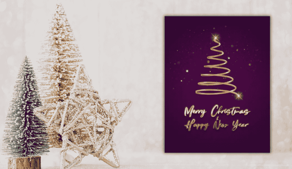 Elegant Christmas and New Year greeting card with golden tree design on dark background, placed beside glittery star and festive mini Christmas trees.