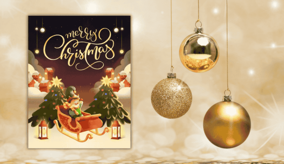 gold christmas ornaments with festive sleigh card and hand-lettered merry christmas.