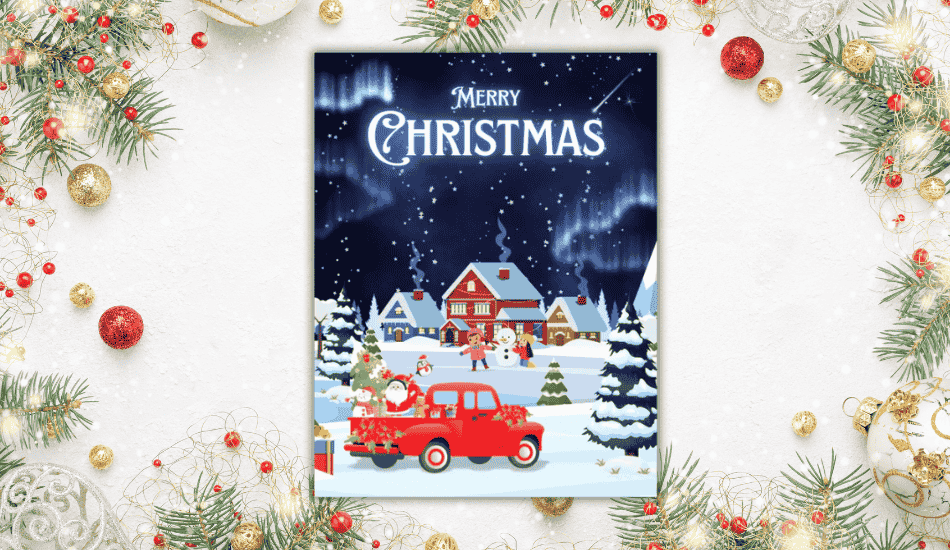 snowy village christmas card with red truck and santa, night sky.