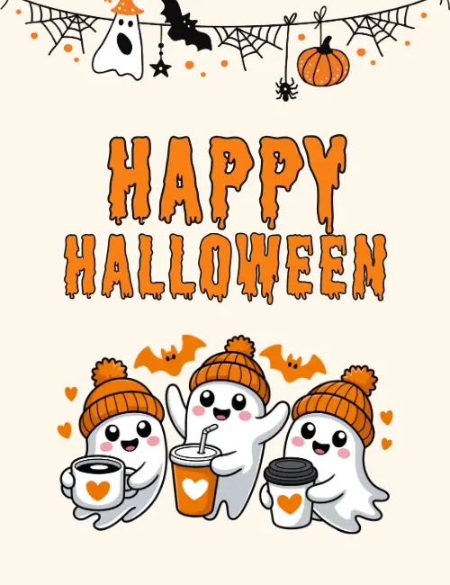 Cute ghost holding coffee Halloween ecard for coworkers
