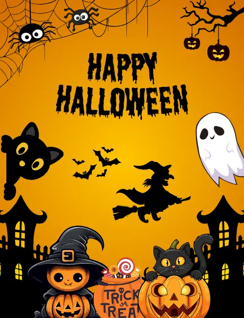 Black cat with witch hat Halloween ecard for friends