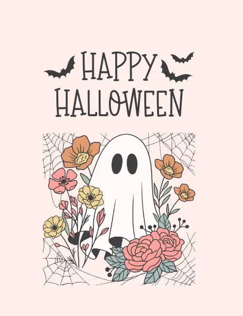 Floral ghost Halloween ecard, gentle and friendly for all