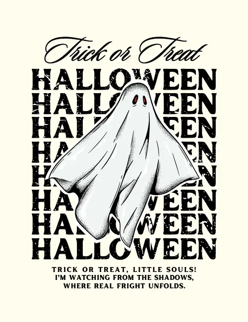 Trick-or-treat text with ghost Halloween ecard for kids
