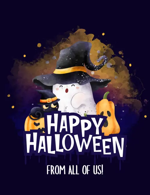 Watercolor ghost with witch hat Halloween ecard for teams