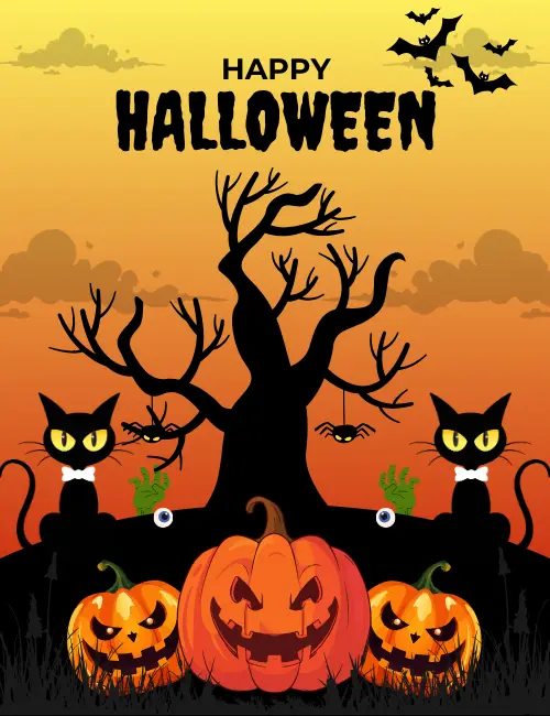 Black cat in graveyard Halloween ecard for spooky vibes