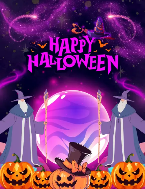 Wizard casting magic Halloween card for kids and teams