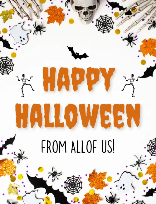 Skeleton flat lay Halloween ecard for witty team notes
