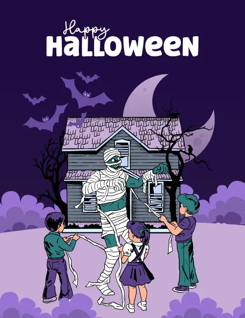 Cute mummy kids trick-or-treat Halloween ecard for families