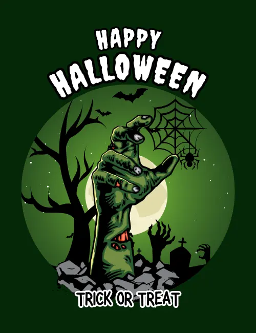Zombie hand trick-or-treat Halloween ecard for playful scares